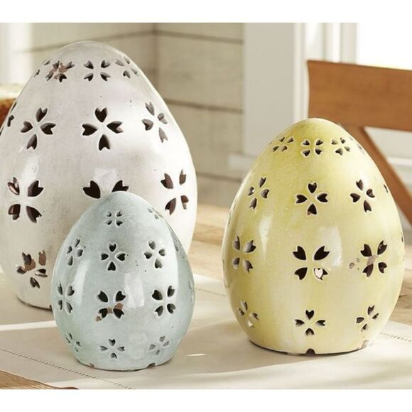 1 Pottery Barn Handcrafted Terra Cotta Pierced Easter Egg Candle Dome Yellow 10” - Picture 1 of 10